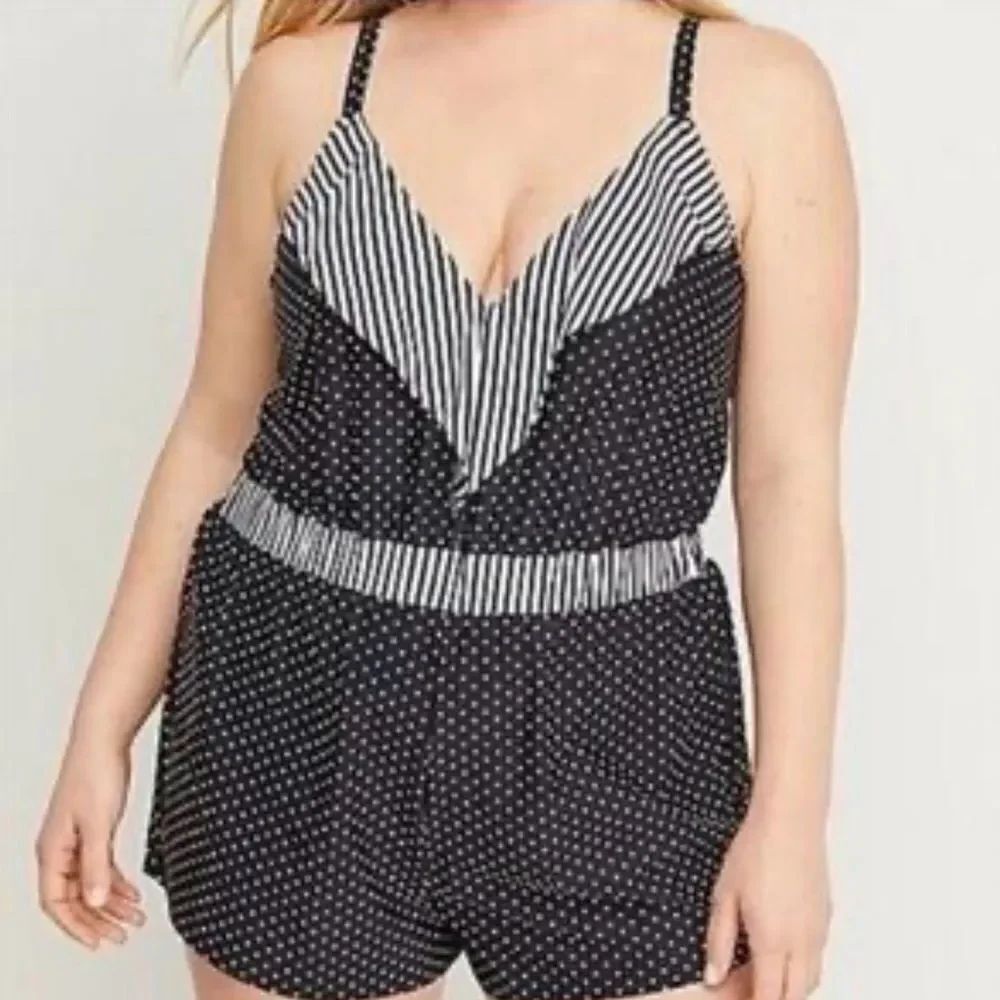 Swim By Cacique Swimsuit Womens Black White Polka Dot Ruffle One Piece Romper 22